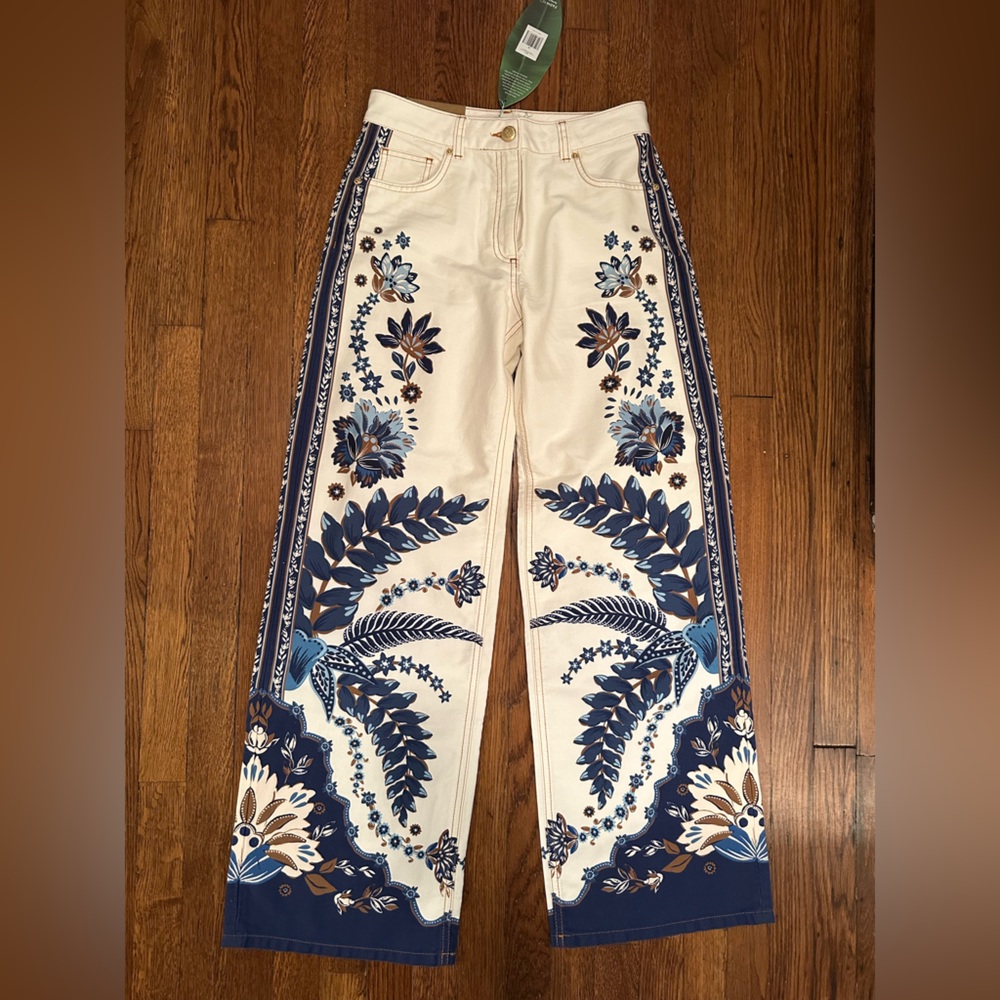 FARM Rio Cream Wide-Leg Jeans with Blue Floral Print